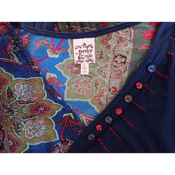 Parsley & Sage Art Mixed Blues Boho Long Tunic Shirt Women L retro Hippie Casual - Picture 6 of 6